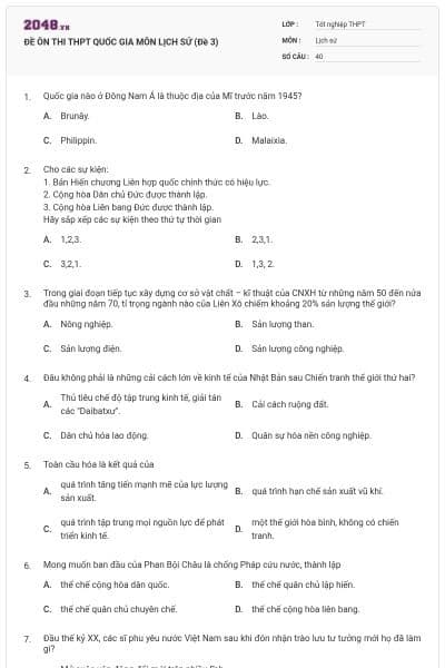 ĐỀ ÔN THI THPT QUỐC GIA MÔN LỊCH SỬ (Đề 3)