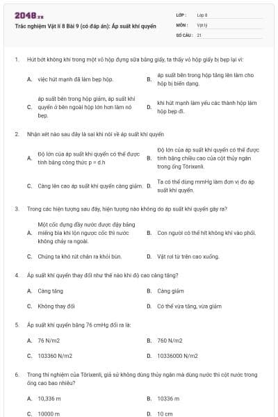 Trắc nghiệm Vật lí 8 Bài 9 (có đáp án): Áp suất khí quyển