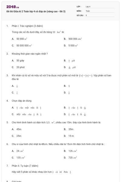 Đề thi Giữa kì 2 Toán lớp 4 có đáp án (nâng cao - Đề 3)