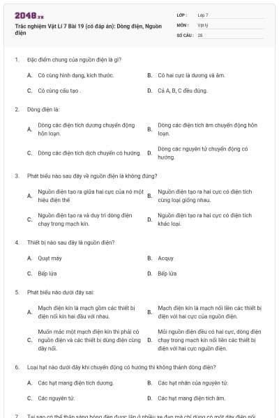 Trắc nghiệm Vật Lí 7 Bài 19 (có đáp án): Dòng điện, Nguồn điện