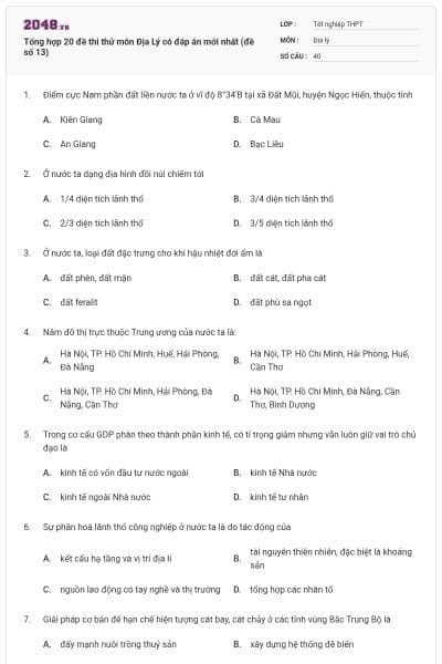 Tổng hợp 20 đề thi thử môn Địa Lý có đáp án mới nhất (đề số 13)