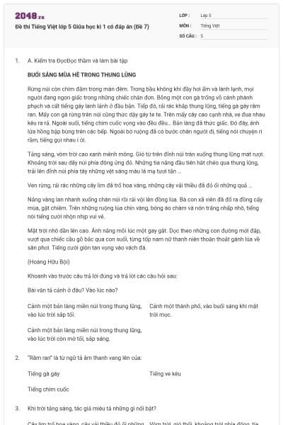 Đề thi Tiếng Việt lớp 5 Giữa học kì 1 có đáp án (Đề 7)