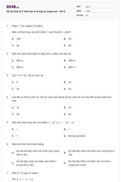 Đề thi Giữa kì 2 Toán lớp 4 có đáp án (nâng cao - Đề 4)