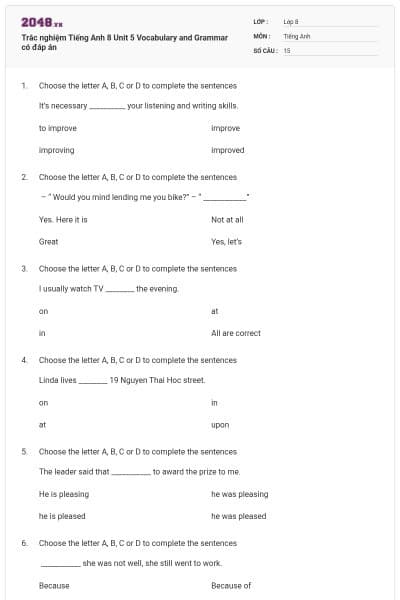 Trắc nghiệm Tiếng Anh 8 Unit 5 Vocabulary and Grammar có đáp án