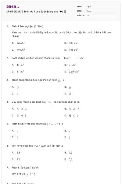Đề thi Giữa kì 2 Toán lớp 4 có đáp án (nâng cao - Đề 5)