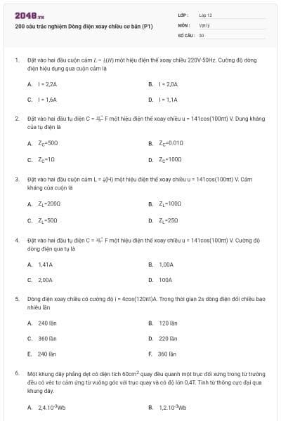 200 câu trắc nghiệm Dòng điện xoay chiều cơ bản (P1)