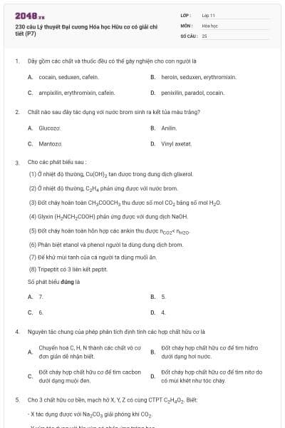 230 câu Lý thuyết Đại cương Hóa học Hữu cơ có giải chi tiết (P7)
