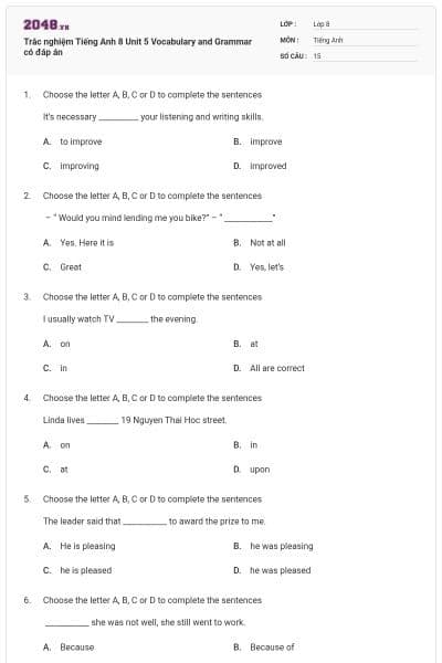 Trắc nghiệm Tiếng Anh 8 Unit 5 Vocabulary and Grammar có đáp án