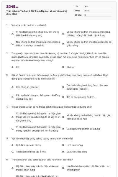 Trắc nghiệm Tin học 6 Bài 9 (có đáp án): Vì sao cần có hệ điều hành