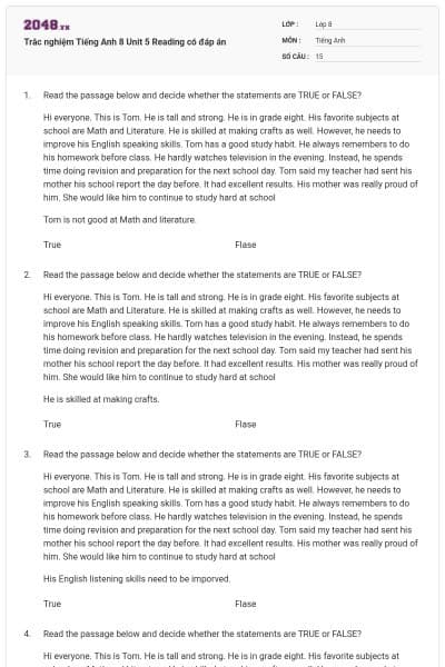 Trắc nghiệm Tiếng Anh 8 Unit 5 Reading có đáp án