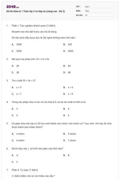 Đề thi Giữa kì 1 Toán lớp 3 có đáp án (nâng cao - Đề 2)