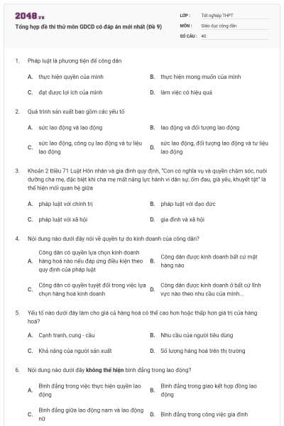 Tổng hợp đề thi thử môn GDCD có đáp án mới nhất (Đề 9)