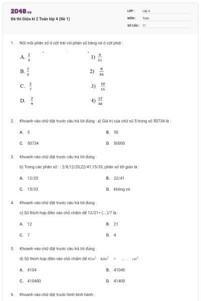 Đề thi Giữa kì 2 Toán lớp 4 (Đề 1)
