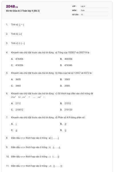 Đề thi Giữa kì 2 Toán lớp 4 (Đề 2)