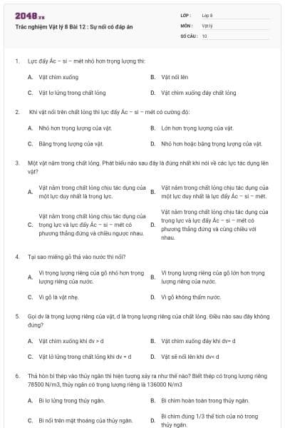 Trắc nghiệm Vật lý 8 Bài 12 : Sự nổi có đáp án