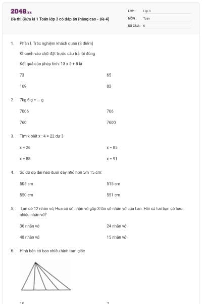 Đề thi Giữa kì 1 Toán lớp 3 có đáp án (nâng cao - Đề 4)
