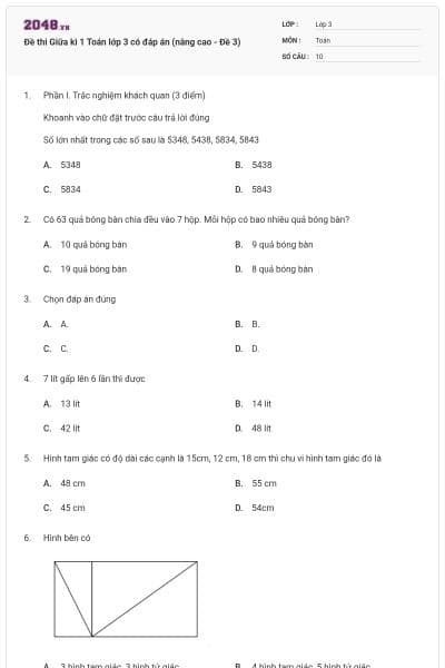Đề thi Giữa kì 1 Toán lớp 3 có đáp án (nâng cao - Đề 3)