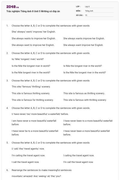 Trắc nghiệm Tiếng Anh 8 Unit 5 Writing có đáp án
