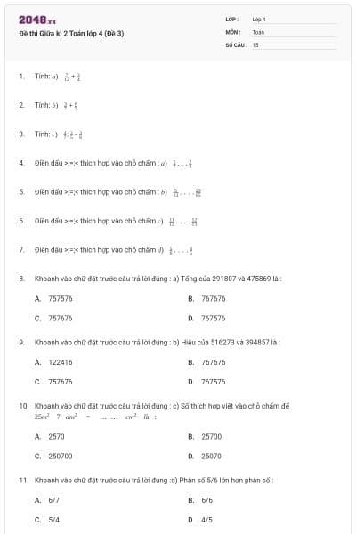 Đề thi Giữa kì 2 Toán lớp 4 (Đề 3)