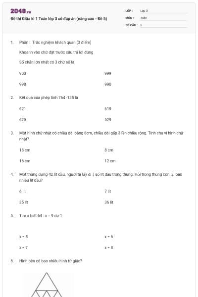 Đề thi Giữa kì 1 Toán lớp 3 có đáp án (nâng cao - Đề 5)