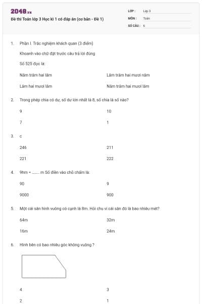 Đề thi Toán lớp 3 Học kì 1 có đáp án (cơ bản - Đề 1)