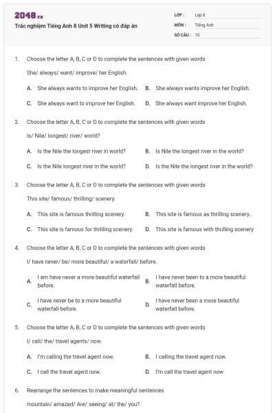Trắc nghiệm Tiếng Anh 8 Unit 5 Writing có đáp án