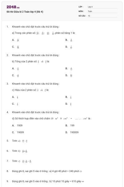 Đề thi Giữa kì 2 Toán lớp 4 (Đề 4)