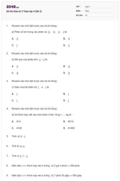 Đề thi Giữa kì 2 Toán lớp 4 (Đề 5)