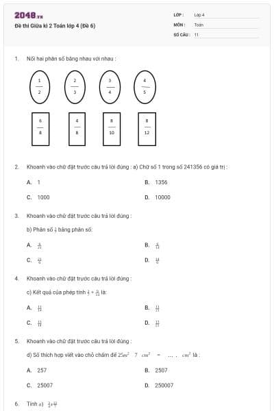 Đề thi Giữa kì 2 Toán lớp 4 (Đề 6)