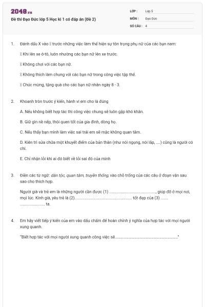 Đề thi Đạo Đức lớp 5 Học kì 1 có đáp án (Đề 2)
