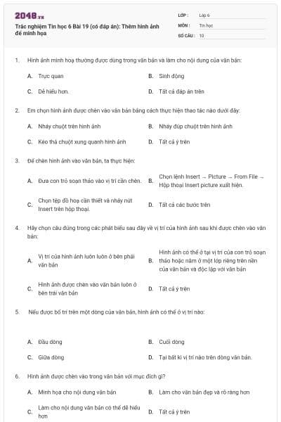 Trắc nghiệm Tin học 6 Bài 19 (có đáp án): Thêm hình ảnh để minh họa