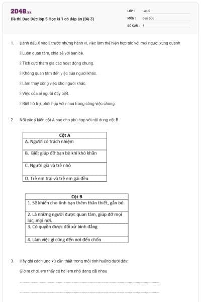 Đề thi Đạo Đức lớp 5 Học kì 1 có đáp án (Đề 3)