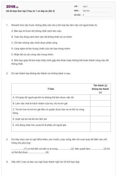 Đề thi Đạo Đức lớp 5 Học kì 1 có đáp án (Đề 4)