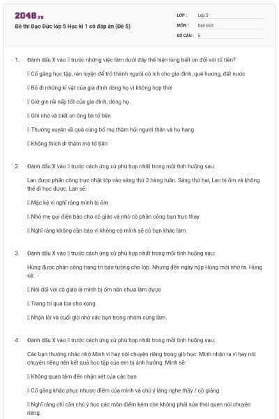 Đề thi Đạo Đức lớp 5 Học kì 1 có đáp án (Đề 5)