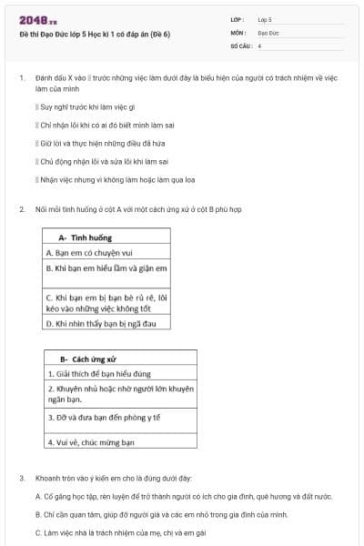 Đề thi Đạo Đức lớp 5 Học kì 1 có đáp án (Đề 6)