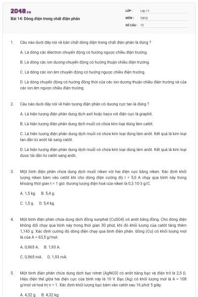 Bài 14: Dòng điện trong chất điện phân