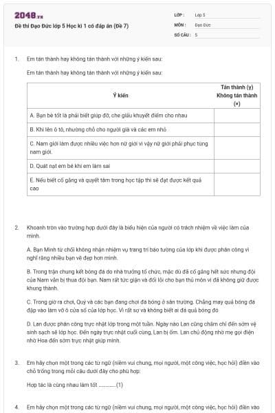 Đề thi Đạo Đức lớp 5 Học kì 1 có đáp án (Đề 7)