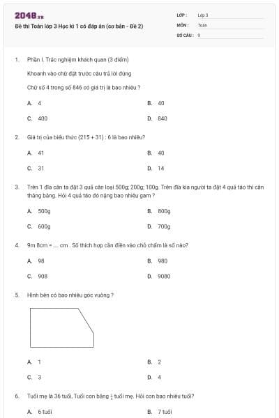 Đề thi Toán lớp 3 Học kì 1 có đáp án (cơ bản - Đề 2)