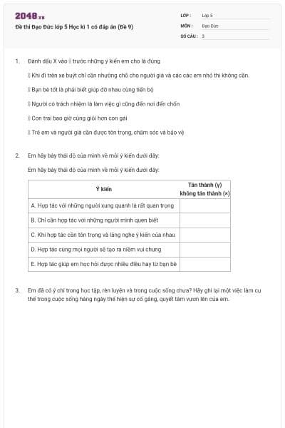 Đề thi Đạo Đức lớp 5 Học kì 1 có đáp án (Đề 9)