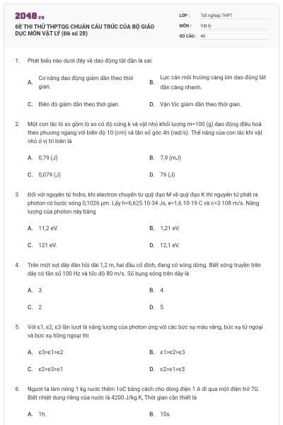 ĐỀ THI THỬ THPTQG CHUẨN CẤU TRÚC CỦA BỘ GIÁO DỤC MÔN VẬT LÝ (Đề số 28)