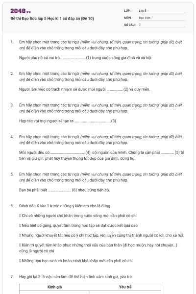 Đề thi Đạo Đức lớp 5 Học kì 1 có đáp án (Đề 10)