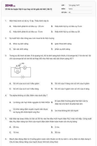 25 Đề ôn luyện Vật lí cực hay có lời giải chi tiết ( Đề 3)