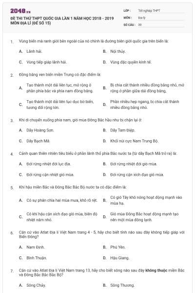 ĐỀ THI THỬ THPT QUỐC GIA LẦN 1 NĂM HỌC 2018 - 2019 MÔN ĐỊA LÍ (ĐẾ SỐ 15)