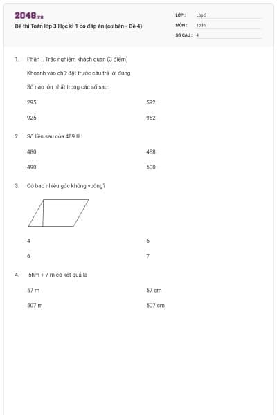 Đề thi Toán lớp 3 Học kì 1 có đáp án (cơ bản - Đề 4)