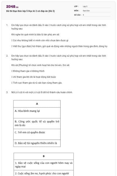 Đề thi Đạo Đức lớp 5 Học kì 2 có đáp án (Đề 3)