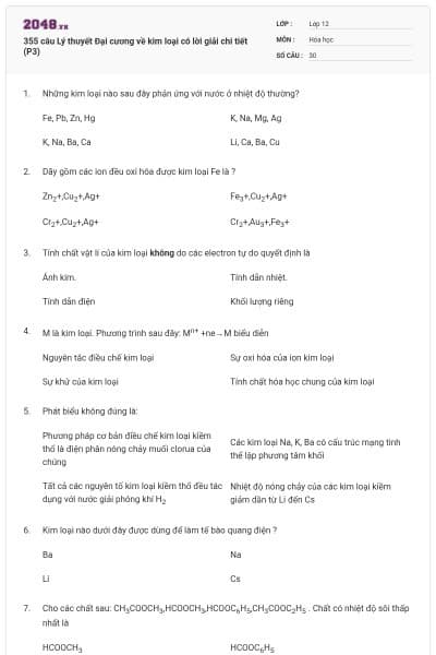 355 câu Lý thuyết Đại cương về kim loại có lời giải chi tiết (P3)