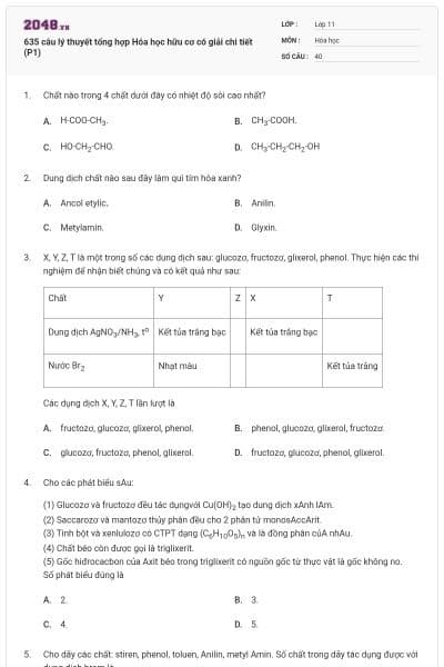 635 câu lý thuyết tổng hợp Hóa học hữu cơ có giải chi tiết (P1)
