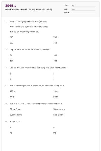 Đề thi Toán lớp 3 Học kì 1 có đáp án (cơ bản - Đề 5)