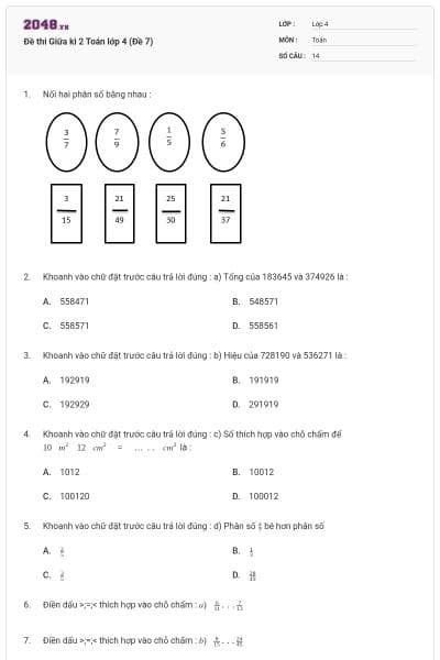 Đề thi Giữa kì 2 Toán lớp 4 (Đề 7)