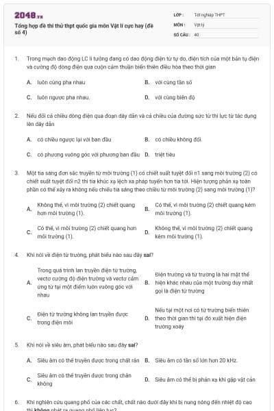Tổng hợp đề thi thử thpt quốc gia môn Vật lí cực hay (đề số 4)